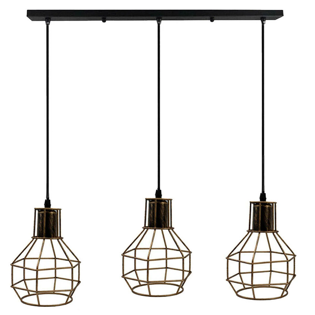 Black vintage ceiling pendant lamp with three metal cages and 90cm PVC cables hanging from ceiling plate