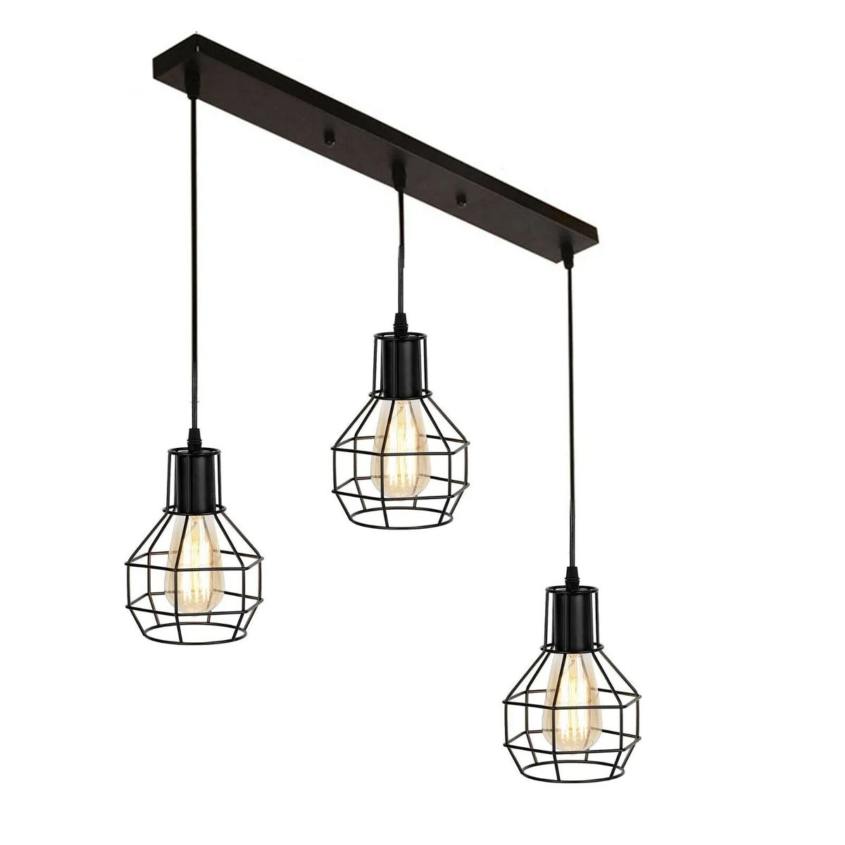Black vintage ceiling pendant lamp with three metal light cages and 90cm PVC cables hanging from ceiling plate