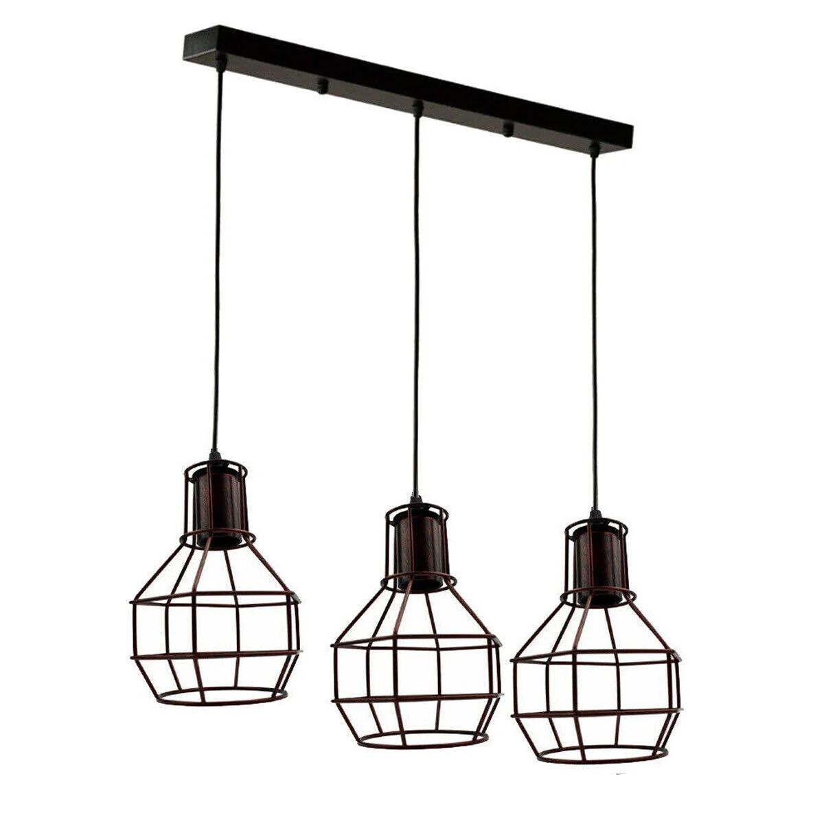 Black vintage ceiling pendant lamp with three metal cages, PVC cables, and E27 light holders hanging from ceiling plate