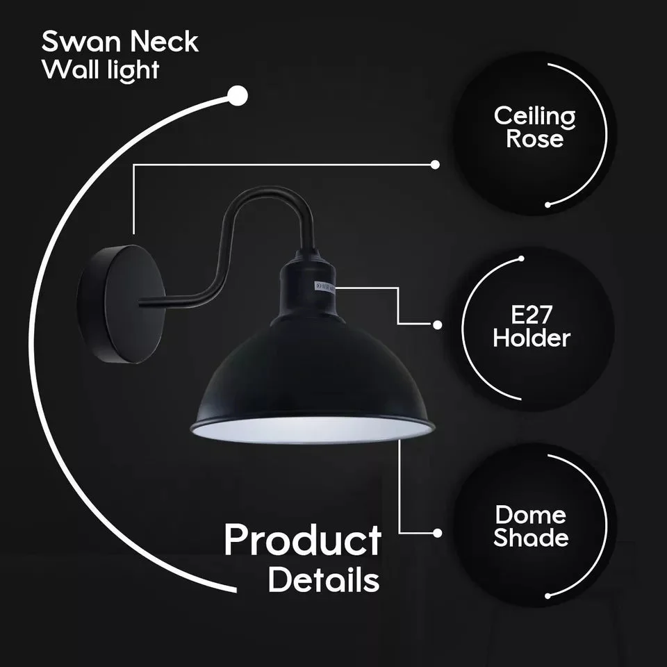 Wall mounted vintage lamp with dome metal shade in black, showing side profile and mounting hardware on white background