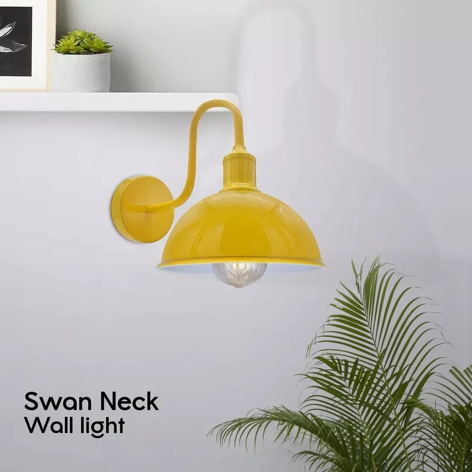 Vintage industrial wall light with black dome metal shade mounted on wall, showing side profile and mounting hardware details