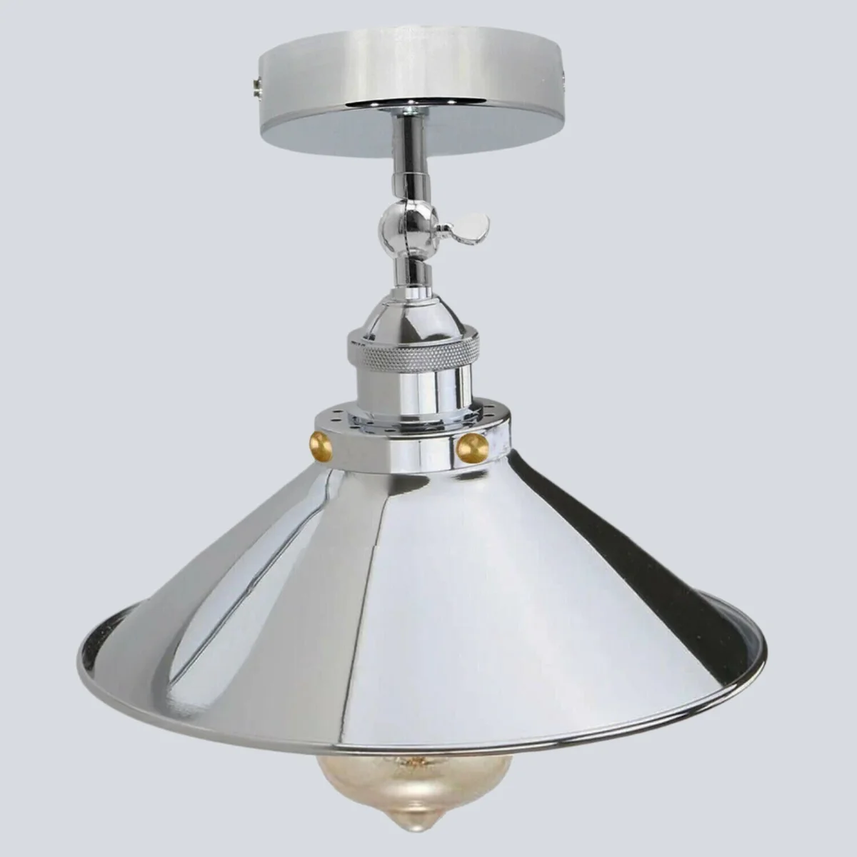 Retro industrial ceiling light with chrome metal cone lampshade and E27 bulb fitting, flush mount design