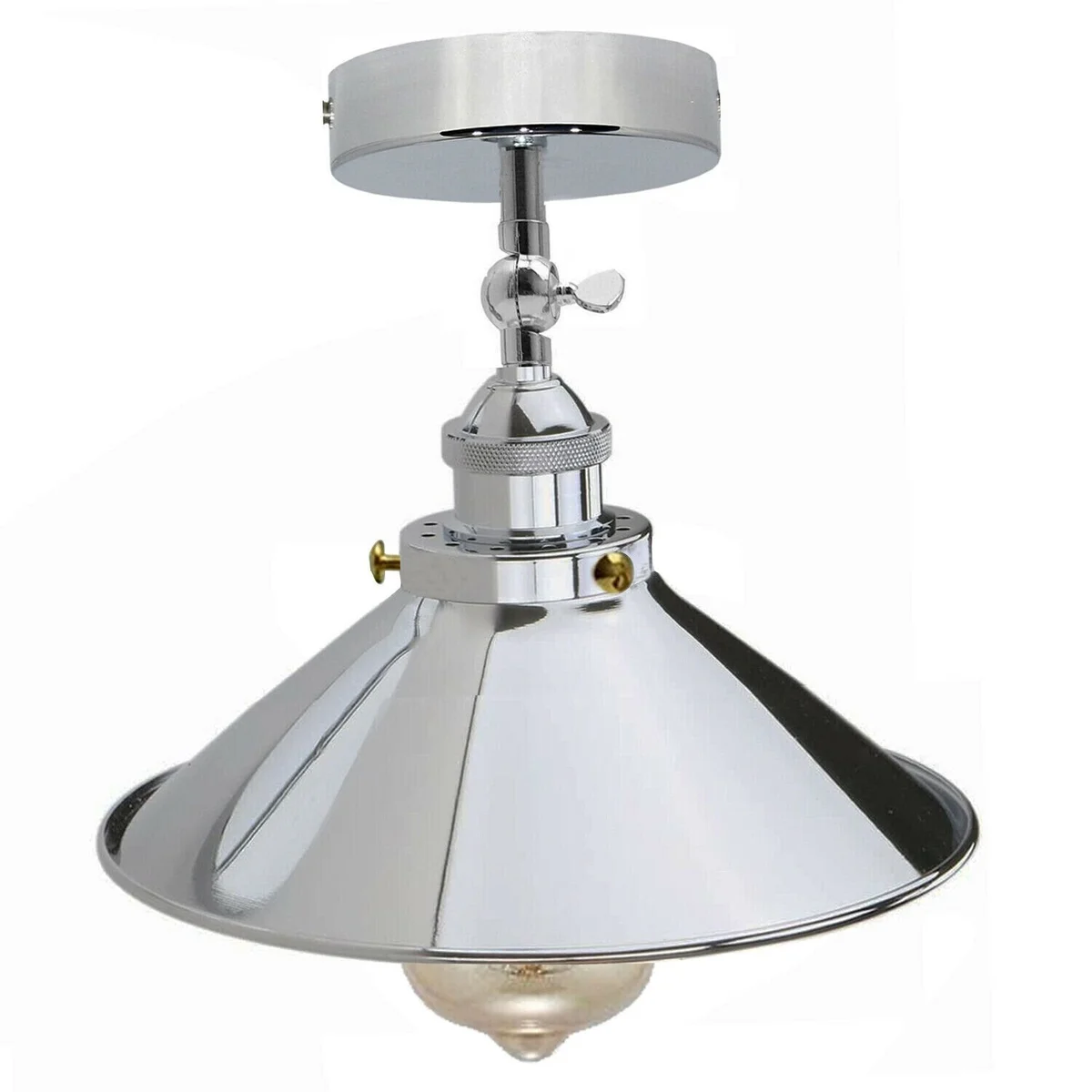 Retro industrial flush ceiling light with chrome metal cone lampshade and E27 bulb base, 24cm height, 22cm width