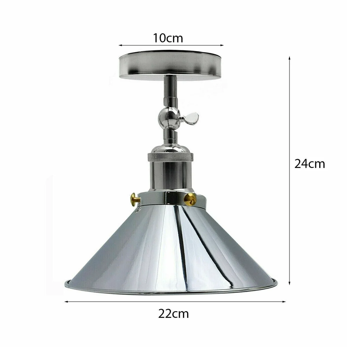 Retro industrial metal lampshade light with chrome finish and E27 bulb, flush ceiling mount, 24cm height, 22cm width