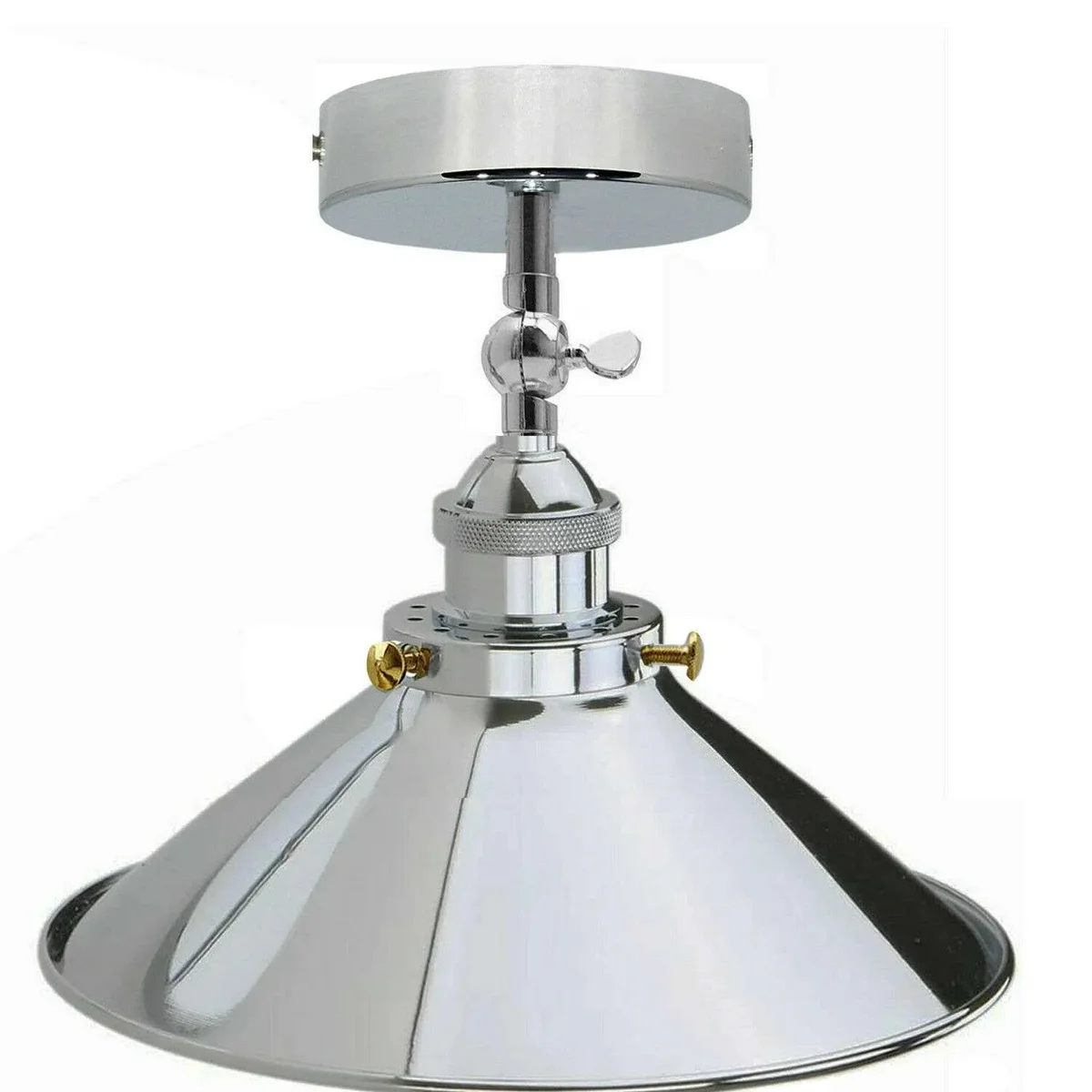 Chrome metal vintage style ceiling light with E27 bulb, flush mount, retro industrial design, 24cm height, 22cm width