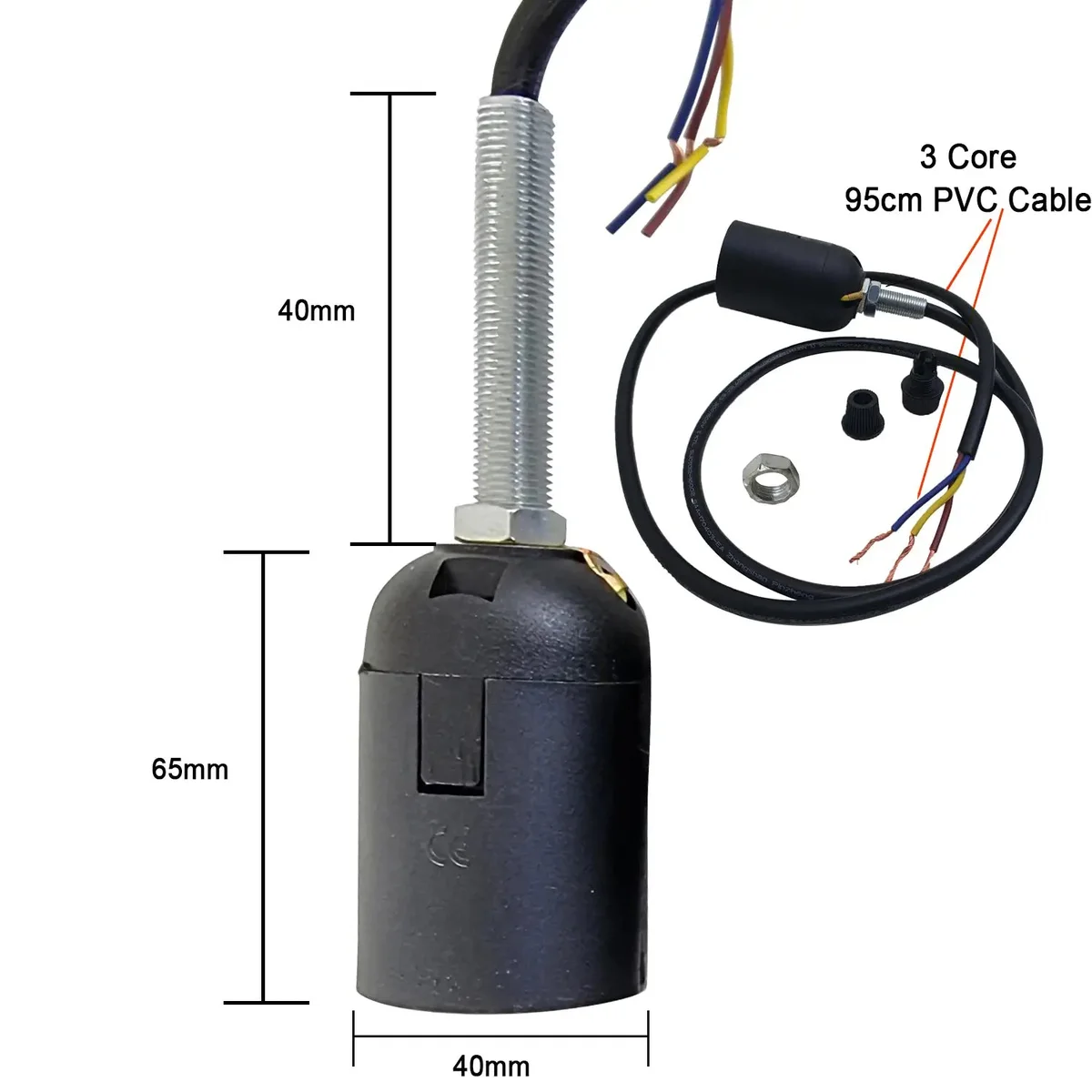 Black metal ceiling rose with 1m rubber cable and E27 lamp holder, includes ceiling bracket and screws for installation