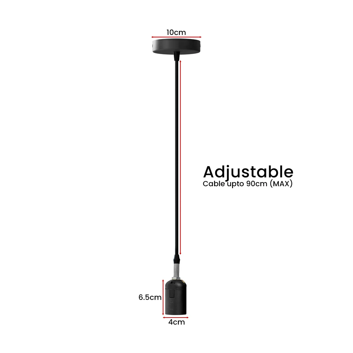 Black metal ceiling rose with 1m rubber cable and E27 ceramic lamp holder, round design with integrated cord grips