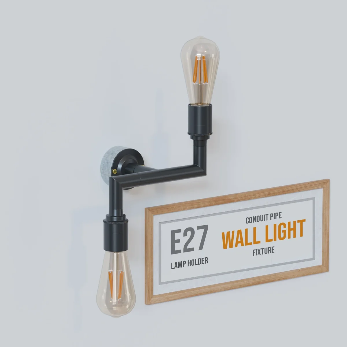 Industrial wall light with dual E27 fittings, black conduit pipe design, vintage factory style, metal construction