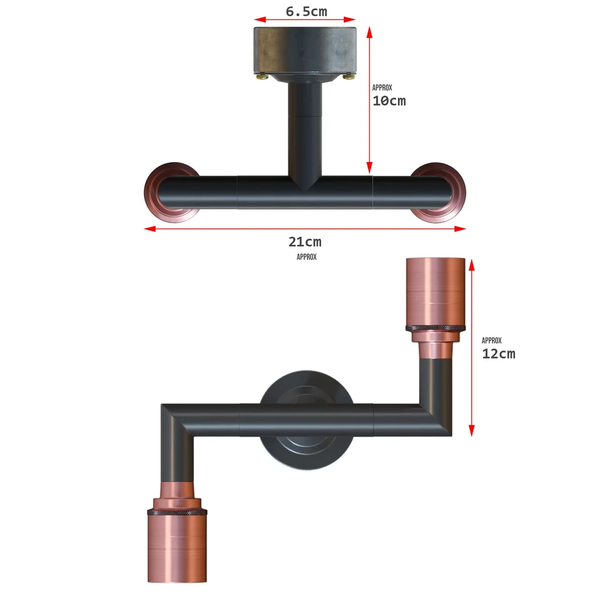 Industrial 2-way conduit pipe E27 wall lamp with dual Edison screw fittings in black metal, mounted on a white wall