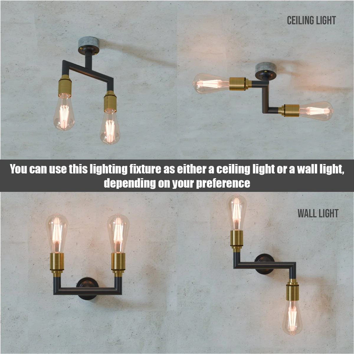 Black metal industrial lamp with dual E27 fittings mounted on a wall, showcasing vintage conduit pipe design