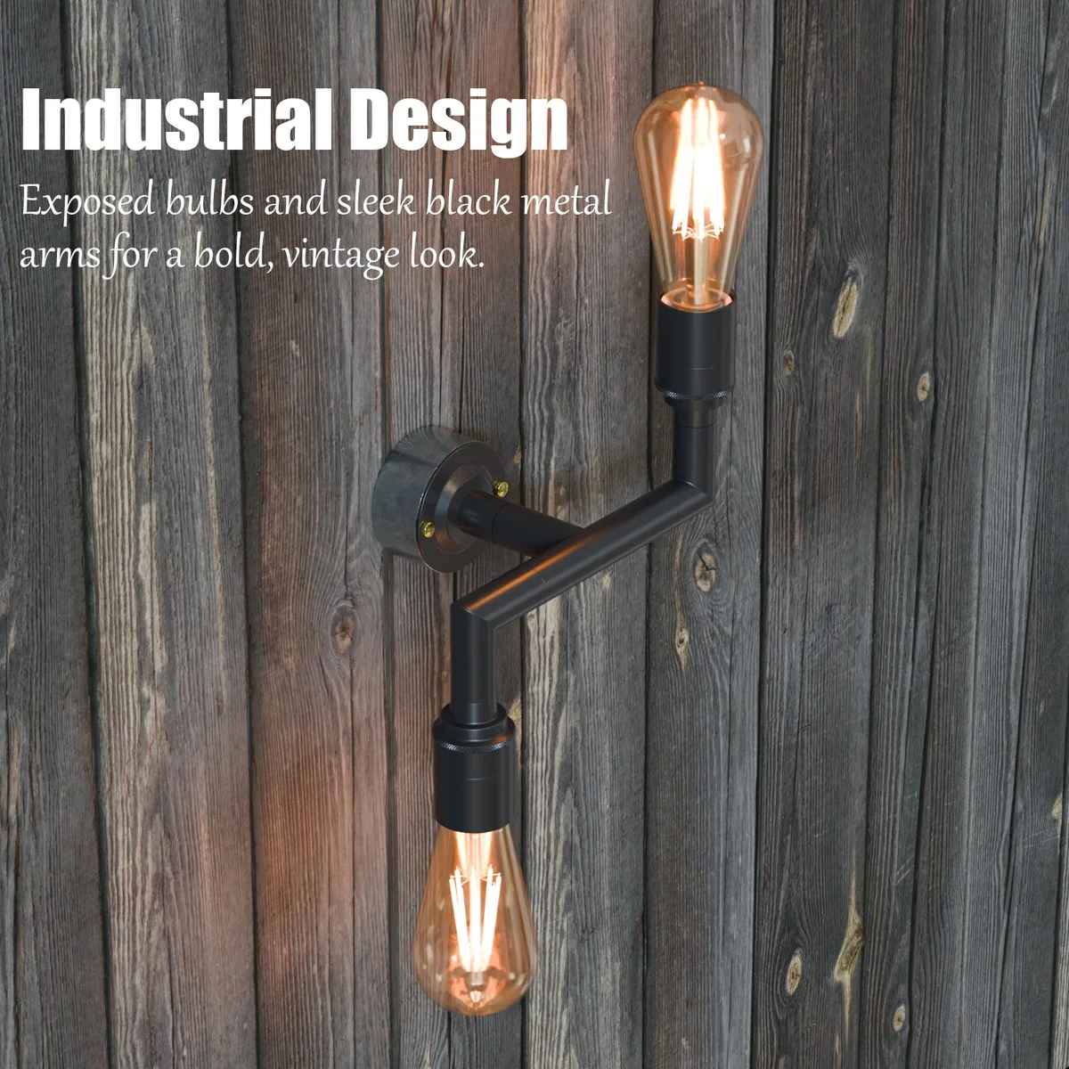 Industrial dual bulb wall light with black conduit pipe design and two E27 fittings mounted on a white wall
