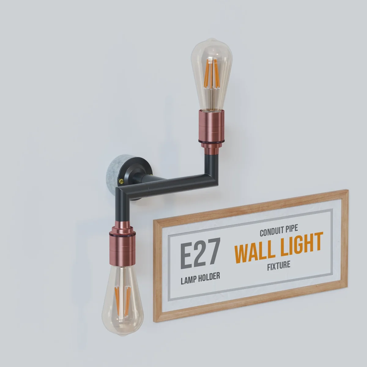 Industrial wall light with dual E27 fittings, black conduit pipe design, mounted on a white wall with warm filament bulbs