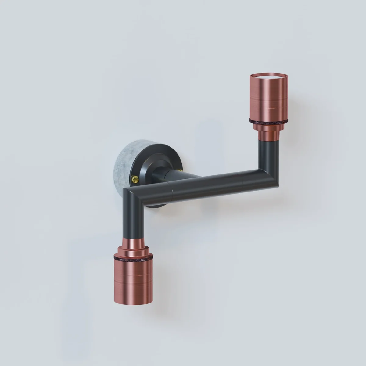 Black industrial wall light with dual E27 fittings mounted on a conduit pipe structure against a white background