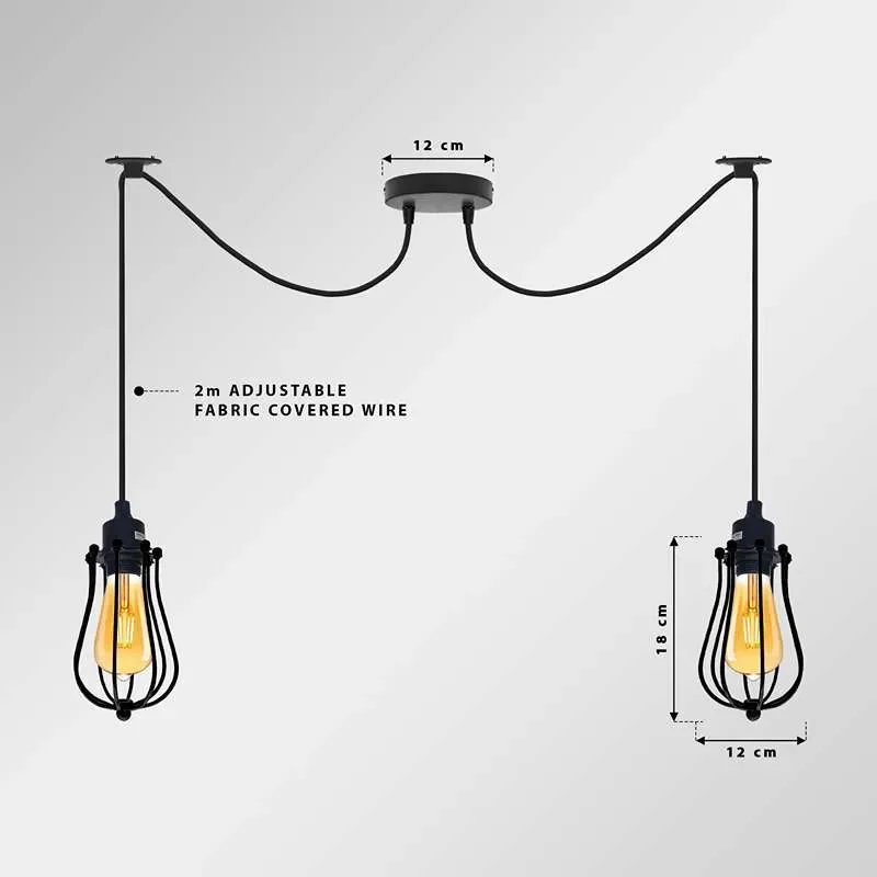 Black two-head cage industrial pendant lamp with adjustable cables and dimmable bulbs hanging from ceiling rose