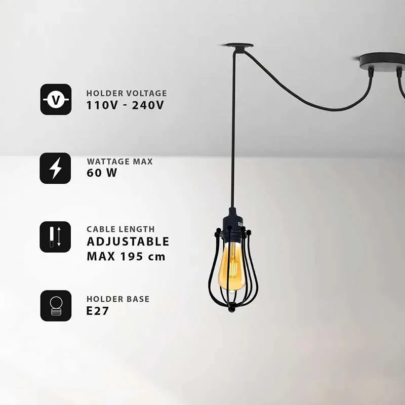 Black industrial two-head cage dimmable ceiling light with adjustable 2M cables and E27 bulb holders hanging from ceiling rose