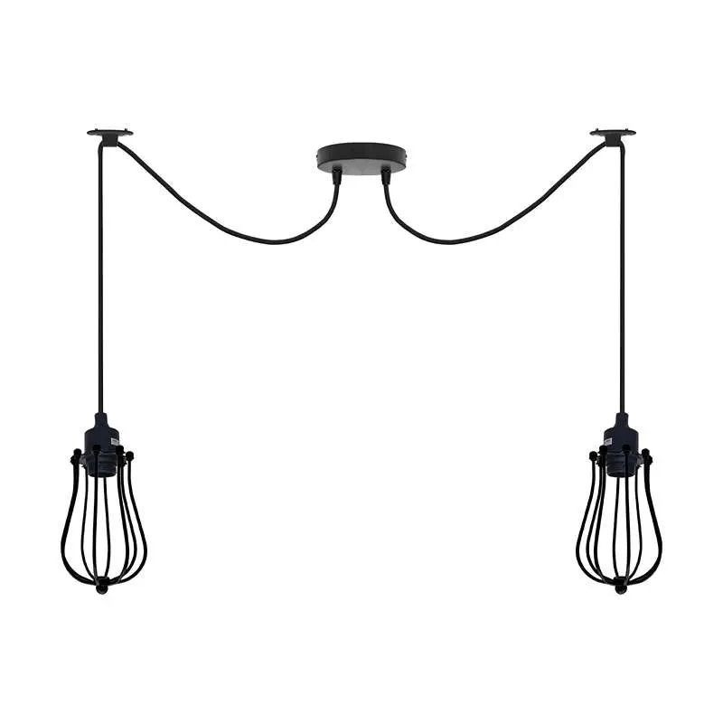 Two head black cage ceiling pendant lamp with adjustable cable pendant hanging from ceiling mount