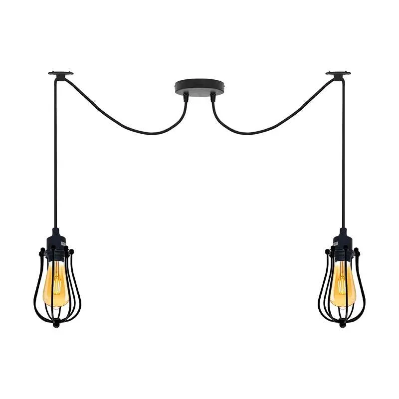 Black metal cage light with two adjustable heads and fabric covered wires hanging from ceiling rose in industrial style