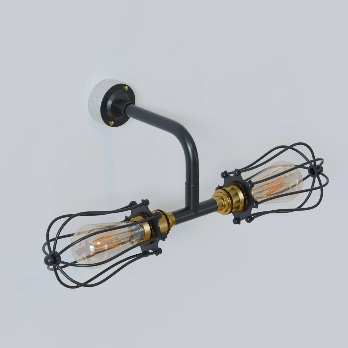 Vintage-style industrial 2-way wall light with black metal cages and brass accents, hardwired for indoor use.