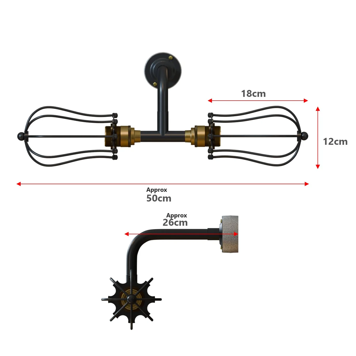 Industrial black metal vintage style wall lamp with two cage enclosures, brass accents, mounted on conduit fixture