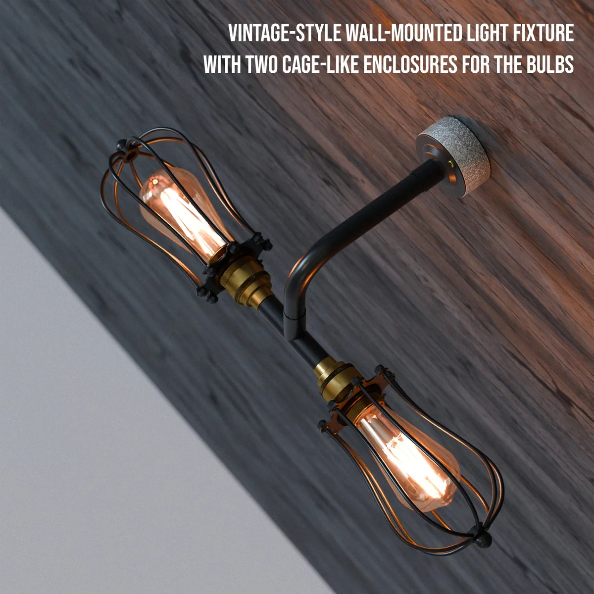 Vintage industrial metal cage wall light with two black metal cages and brass accents mounted on a conduit fixture