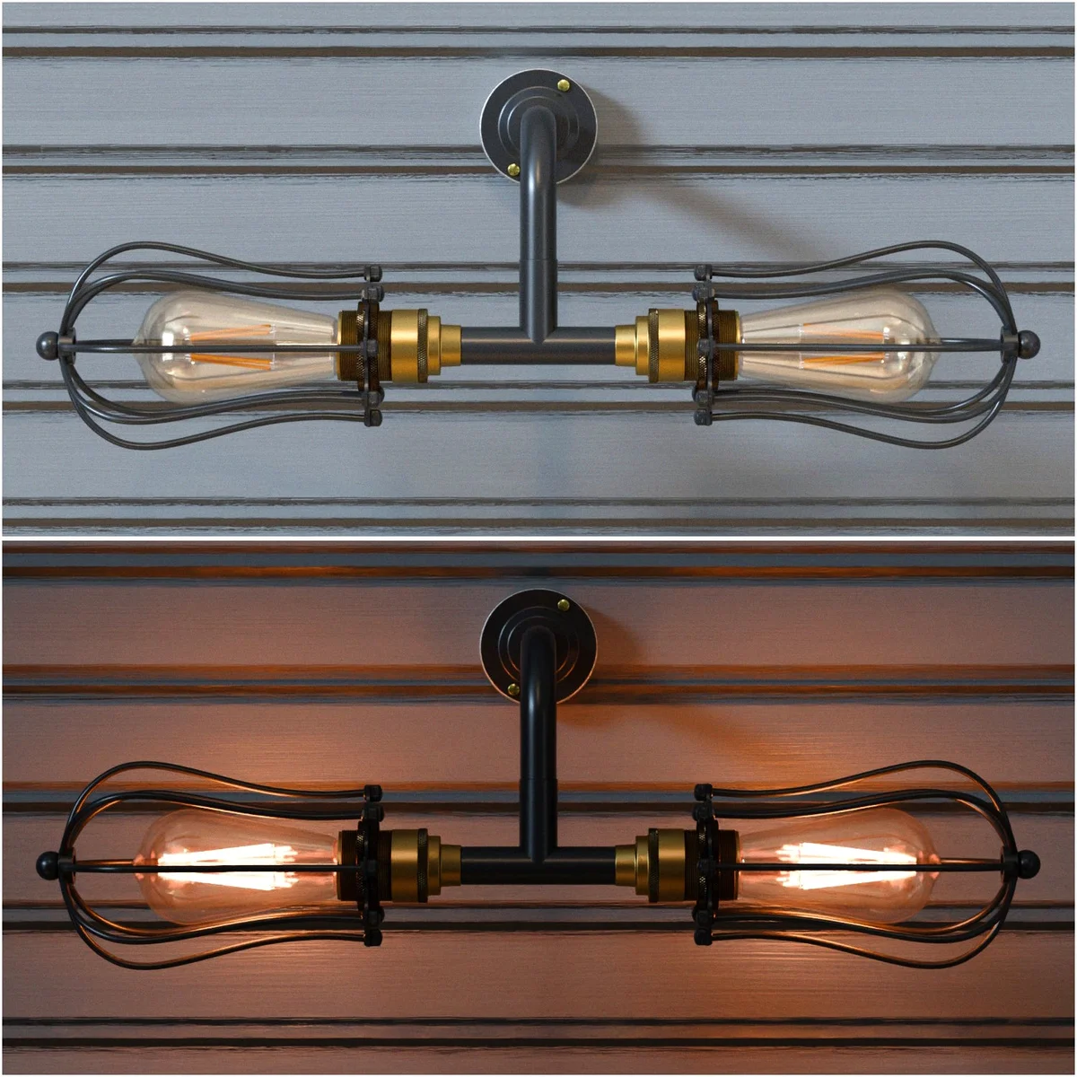 Black metal and brass industrial wall light with two cage enclosures, mounted on a conduit-style wall fixture