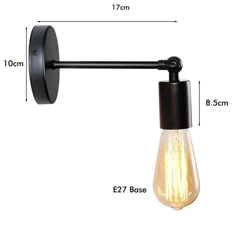 Industrial adjustable wall light with iron metal cage and E27 socket, shown mounted on a wall with rustic style decor