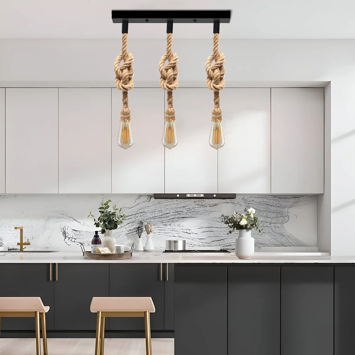 Vintage industrial 3-head hemp rope ceiling light with natural hemp color and copper wire accents hanging from ceiling