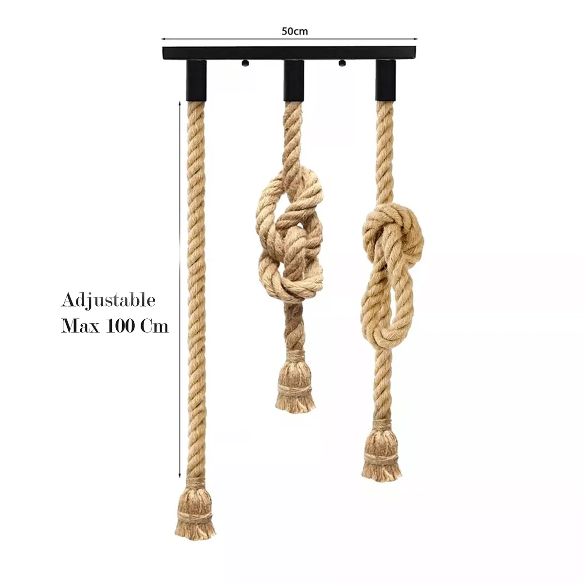 Vintage industrial pendant light with three hemp rope shades and copper fittings hanging from ceiling rose