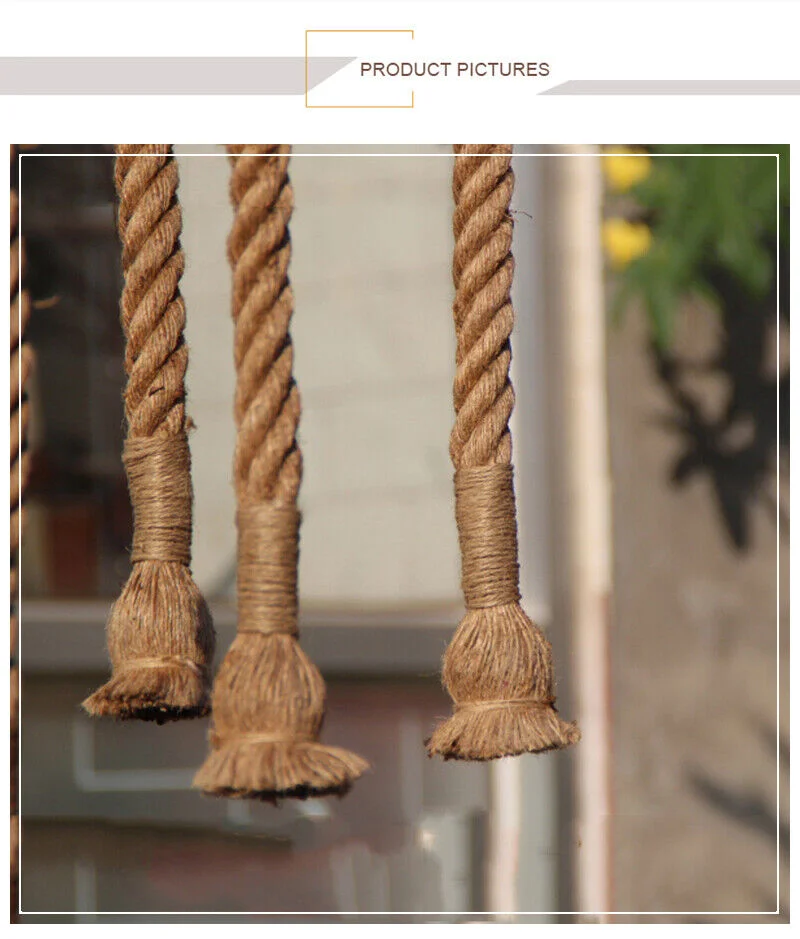 Threehead ceiling pendant lamp with retro hemp rope lighting in natural colour, vintage industrial loft style design