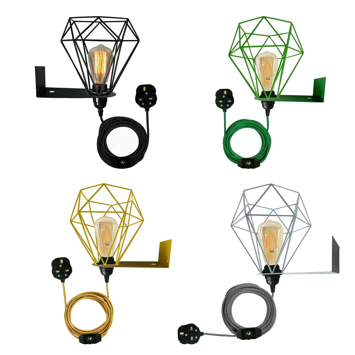 Modern industrial metal plug in wall lamp with swing arm, fabric cable, and metal cage shade, UK plug included