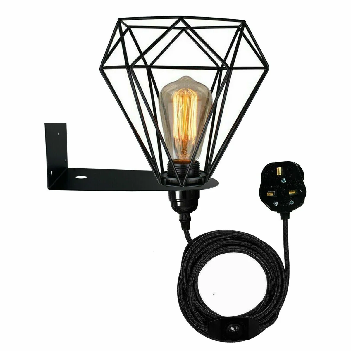 Modern industrial metal swing arm light with fabric cable, UK plug, dimmer switch, and metal cage wall mount