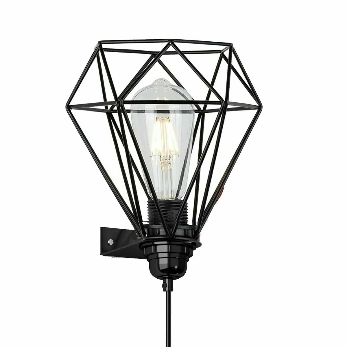 Modern industrial wall light with metal swing arm, fabric cable, and cage shade mounted on white wall