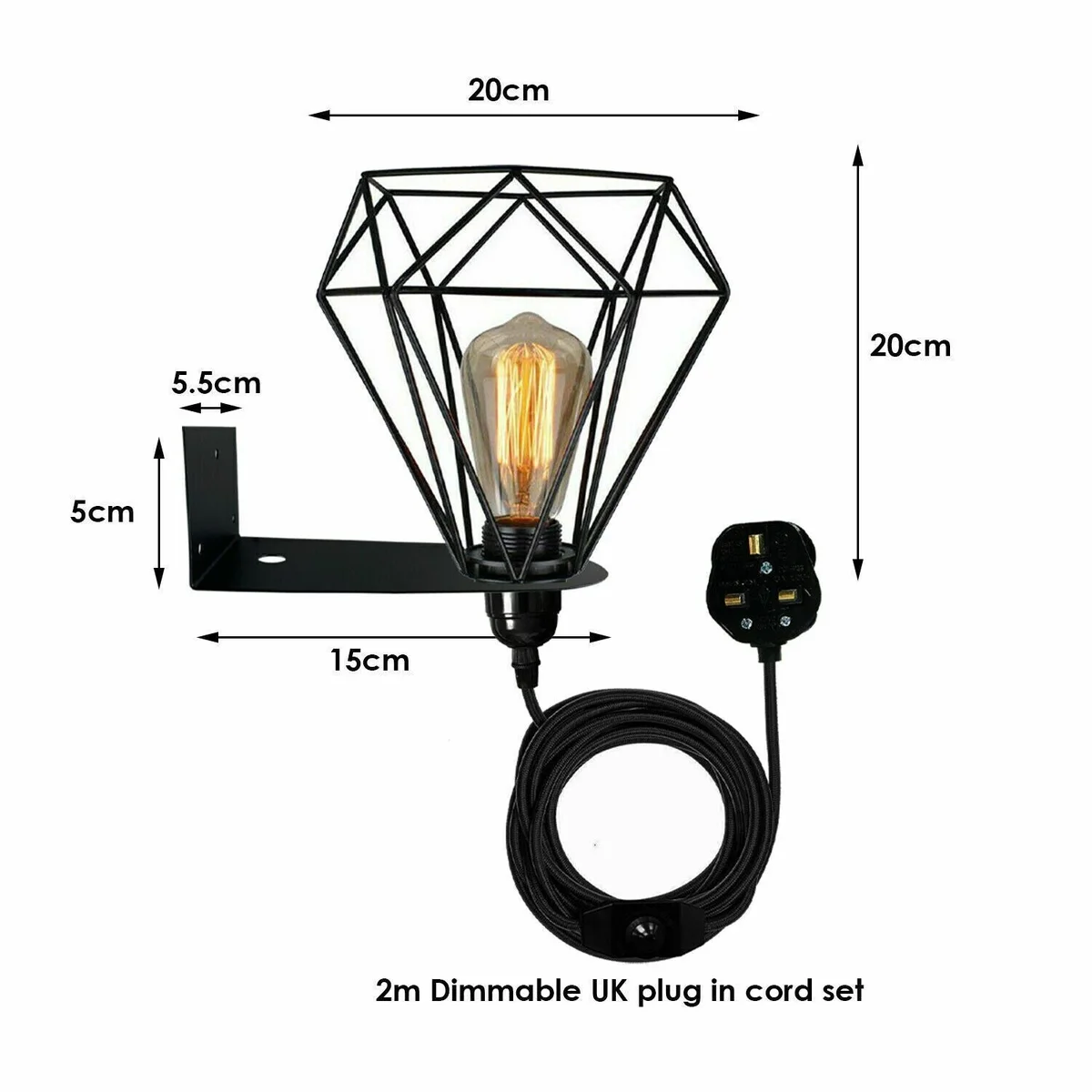 Modern industrial metal swing arm UK plug wall lamp with fabric cable, dimmer switch, and metal cage shade mounted on wall