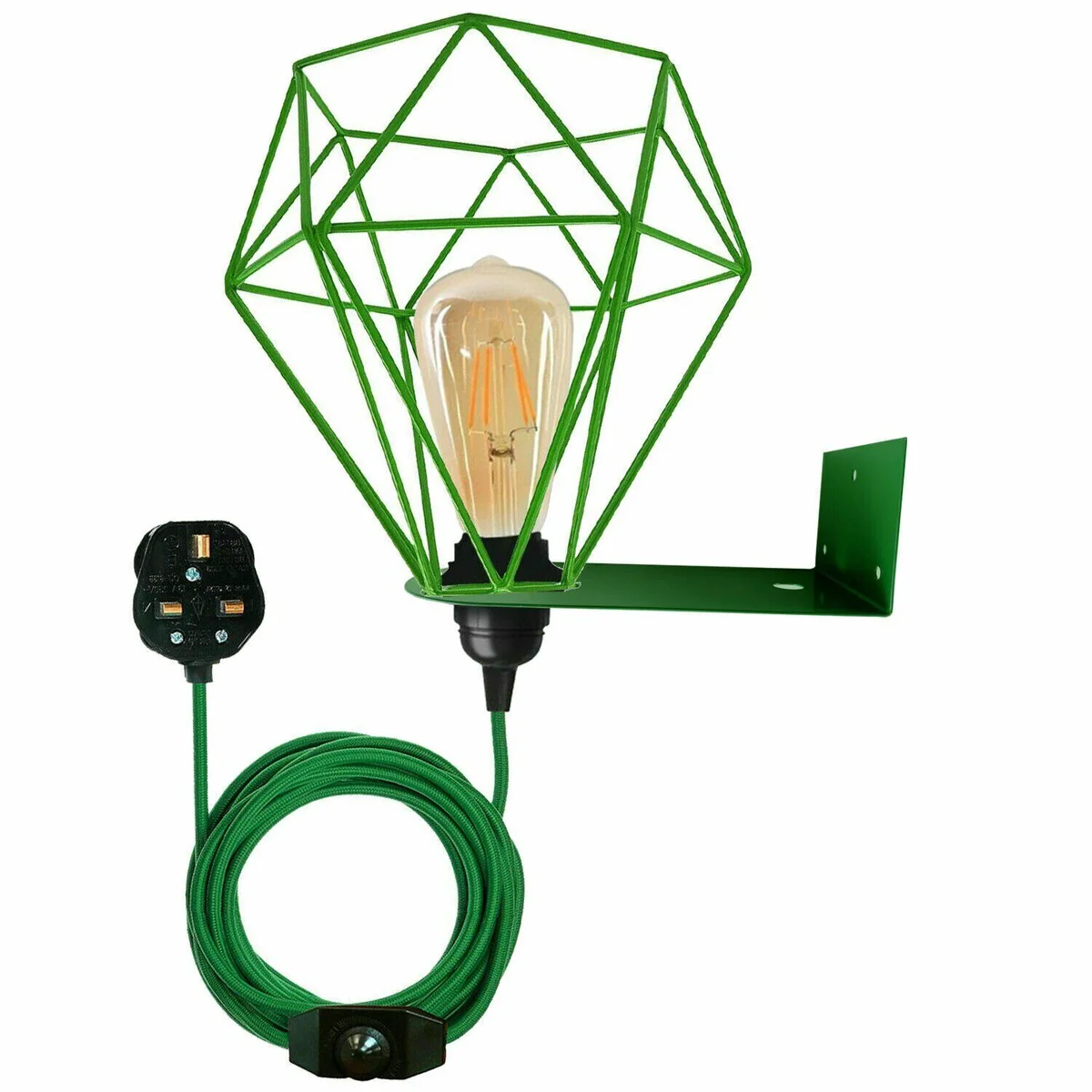 Modern industrial metal swing arm wall light with fabric flex cable lamp, UK plug, dimmer switch, and metal cage design