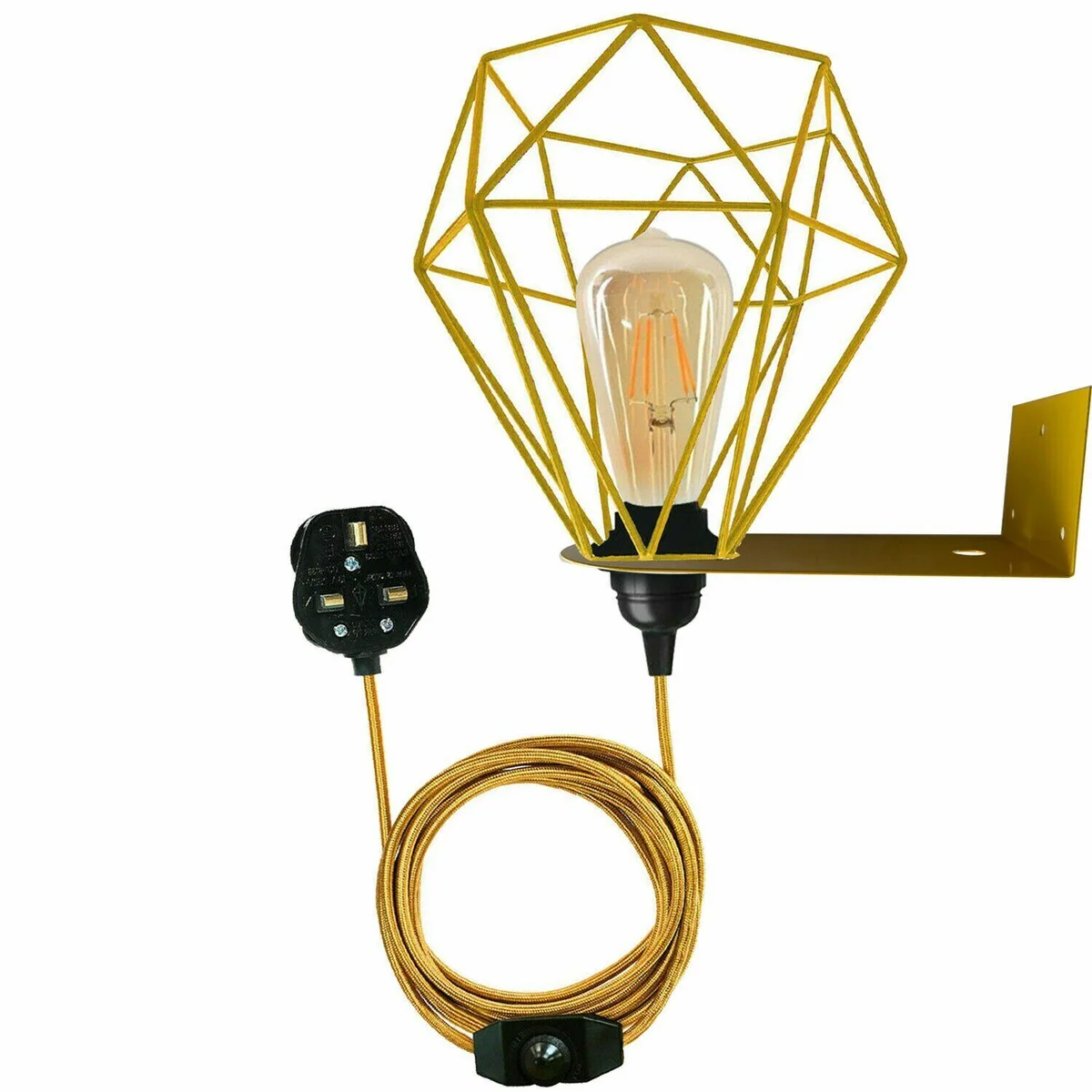 Modern industrial plug in wall lamp with metal swing arm, fabric cable, and cage lampshade in black finish
