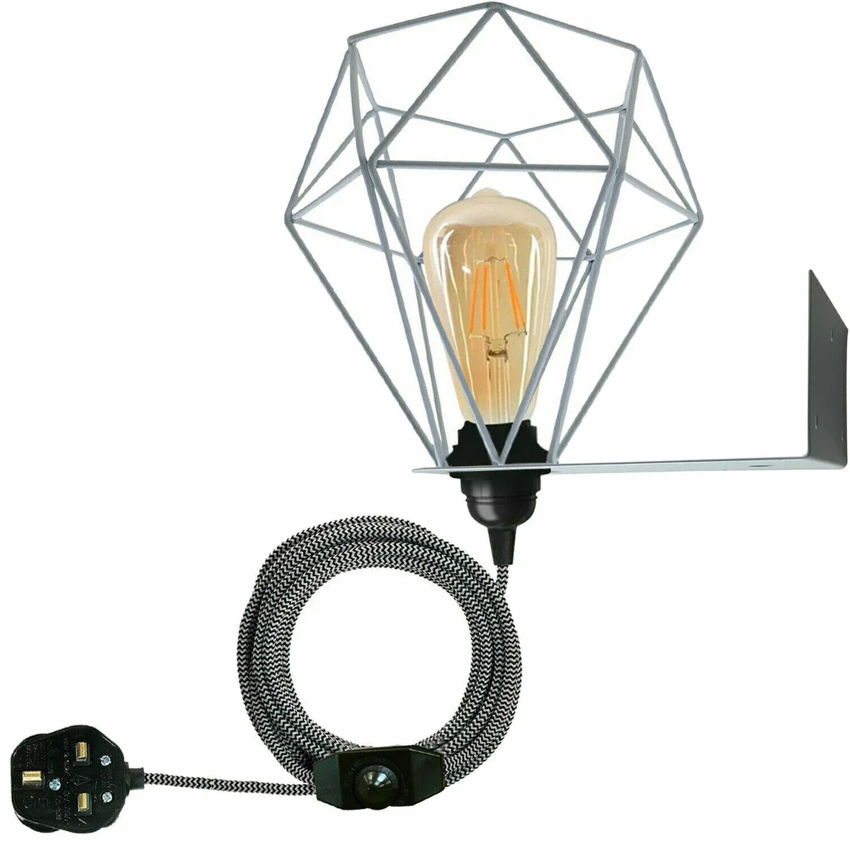 Modern industrial metal cage plug in wall lamp with fabric flex cable and UK plug, shown mounted on a white wall