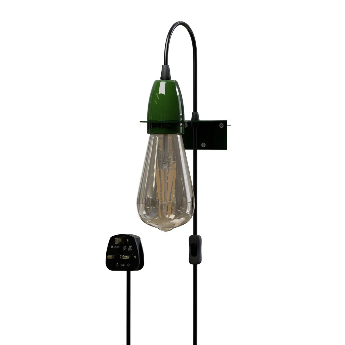 Modern E27 wall light with metal mounting plate, 1.95m cable, and integrated on/off switch for easy control