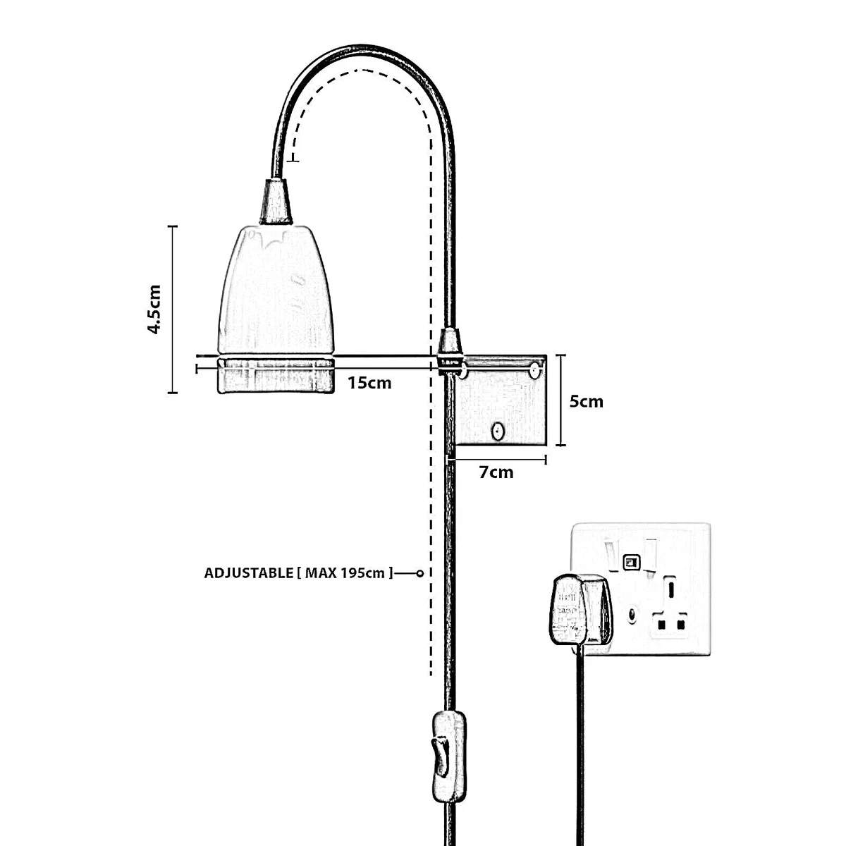 Modern plug in wall light with metal mounting plate, 1.95m cable, and built-in switch for easy control