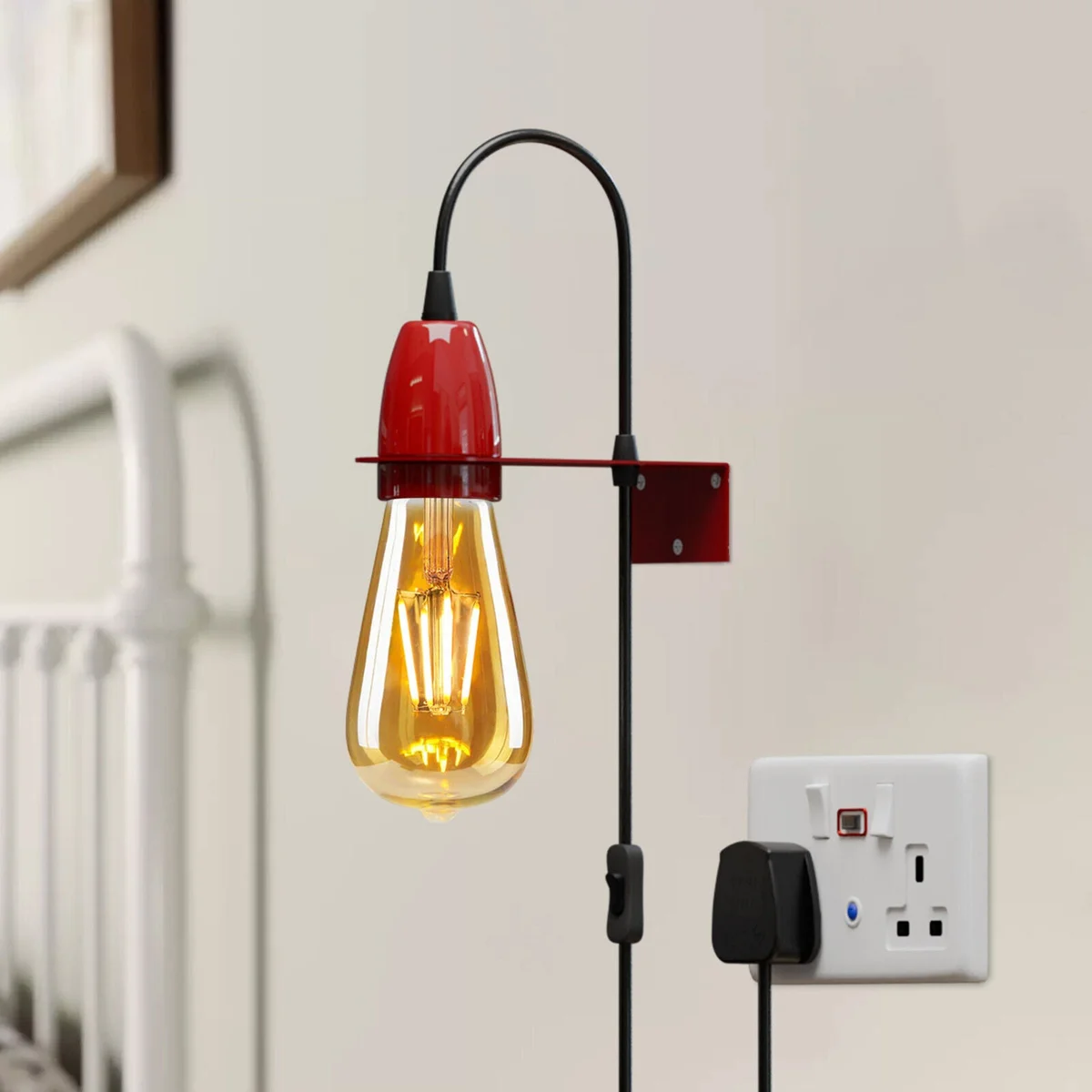 Modern metal bedside wall light with 1.95m cable, integrated switch, and compact mounting plate on white background
