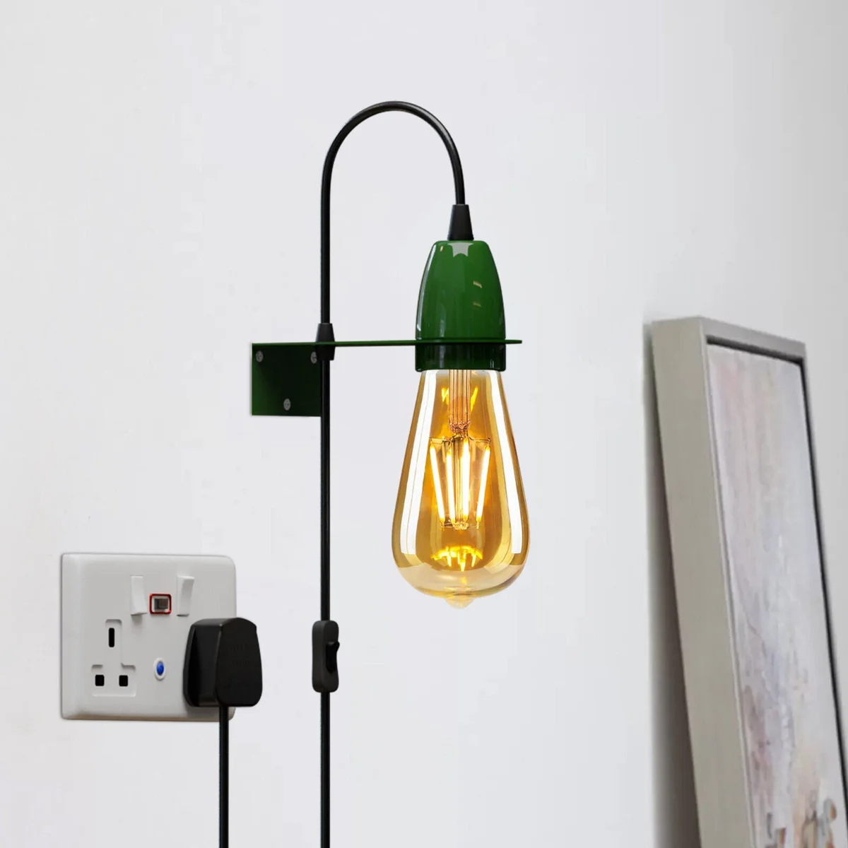 Modern plugin wall light with sleek metal mounting plate and 1.95m cable featuring an integrated on/off switch