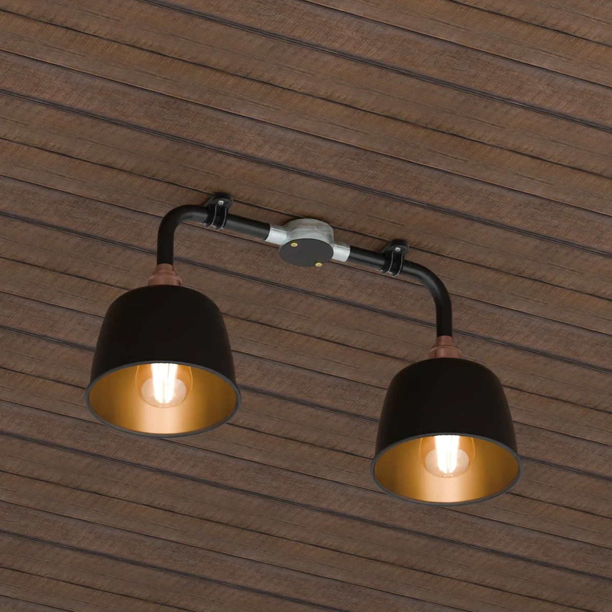 Black vintage industrial ceiling light with two angled metal pipes and copper fittings, wall-mounted downlight fixture
