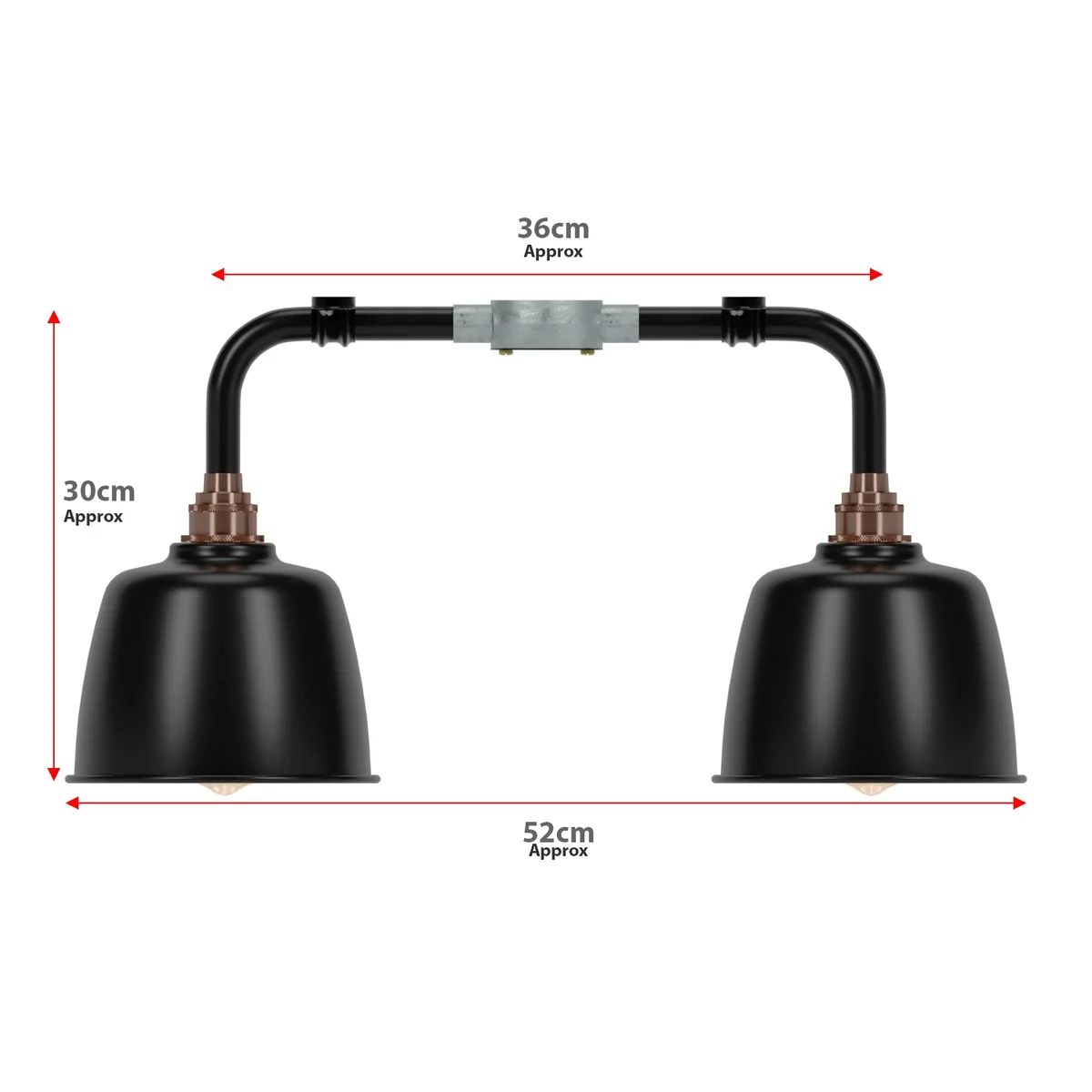 Black ceiling light fixture with two angled shades on black metal conduit pipes and copper fittings, vintage industrial style