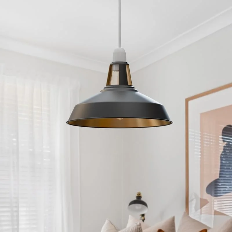 Retro metal lamp shade in dome shape with black exterior and gold interior, compatible with E27 bulbs, vintage industrial style