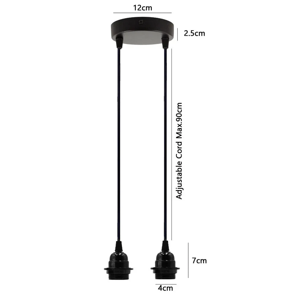 Black twin pendant light kit with adjustable heads and fabric cable, industrial style pendant lamp in matte black metal
