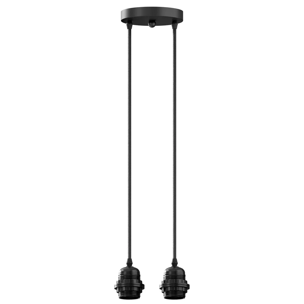 Black adjustable two head light pendant with matte black metal frame and fabric cable, ceiling mounted with two directional lamps