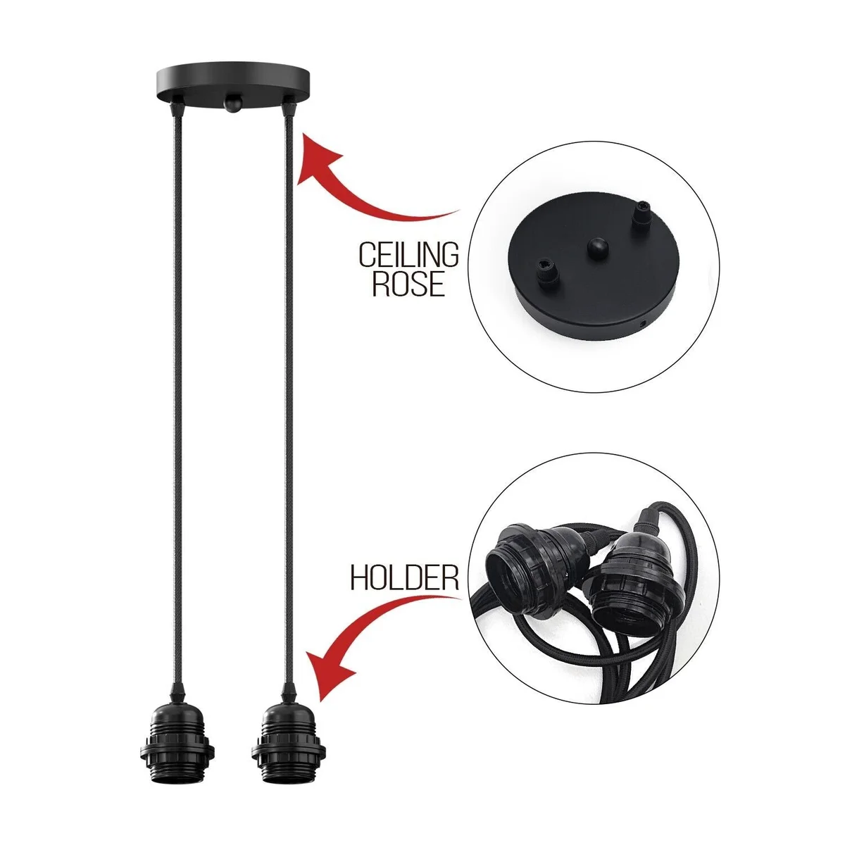Black metal pendant light kit with two adjustable heads, matte finish, and fabric cable hanging from ceiling rose