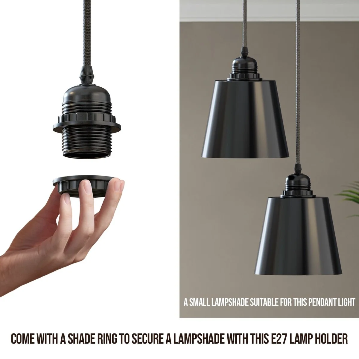Black twin pendant light with two adjustable matte black metal heads and fabric cable hanging from ceiling rose