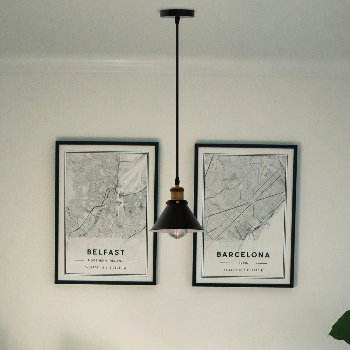 Shiny black metal industrial cone pendant light with adjustable hanging cable and E27 bulb fitting ceiling fixture