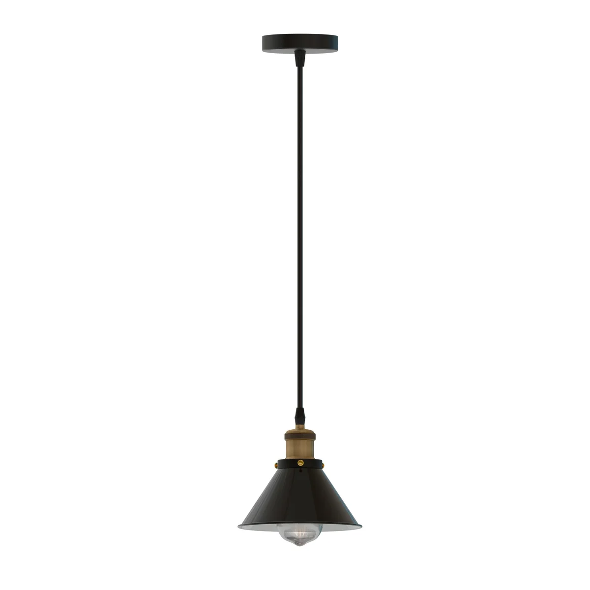 Adjustable metal cone ceiling light in shiny black with E27 bulb holder and PVC cable hanging from ceiling mount