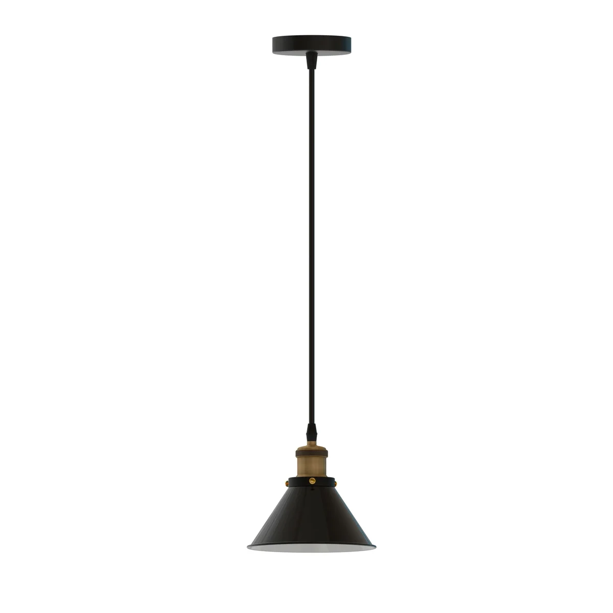 Adjustable ceiling pendant light with shiny black cone lampshade, metal finish, and E27 bulb fitting hanging indoors